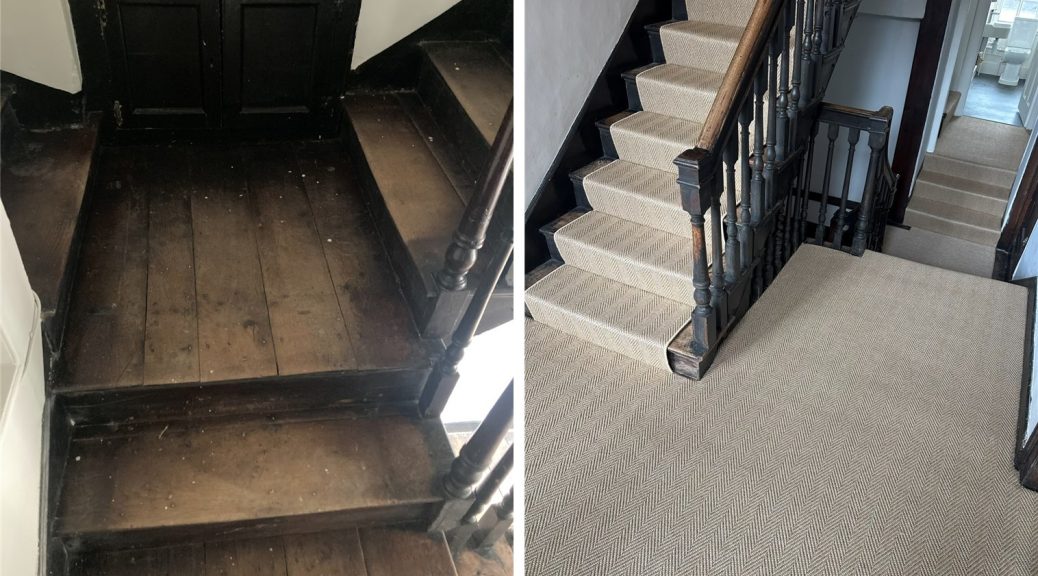 Before and after: a tired listed building staircase transformed with Unnatural Flooring New England Woodstock by Select Line