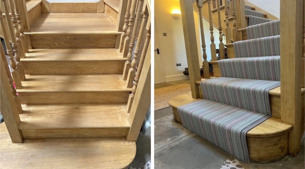 Before and after: bare oak staircase transformed with a Roger Oates Venetian Flatweave stair runner by Select Line Swindon