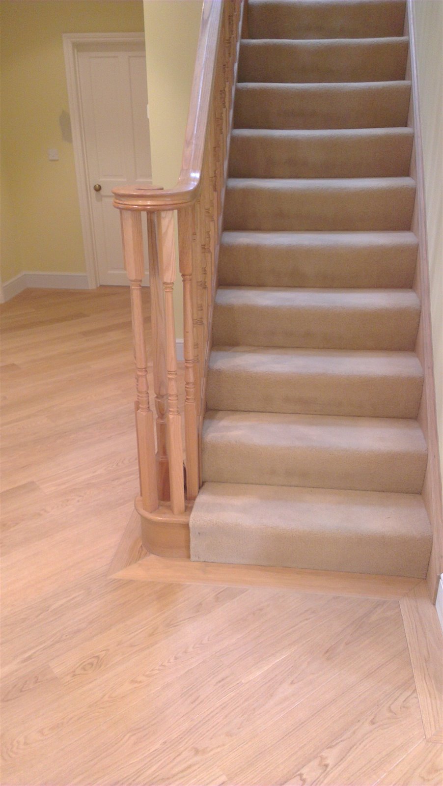 Engineered oak flooring with a matching border framing the floor at the foot of the bullnose step by Select Line