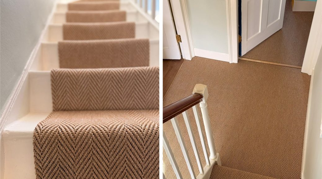 Meticulously pattern-matched herringbone natural flooring on the stairs and landing of a Victorian Hammersmith home by Select Line